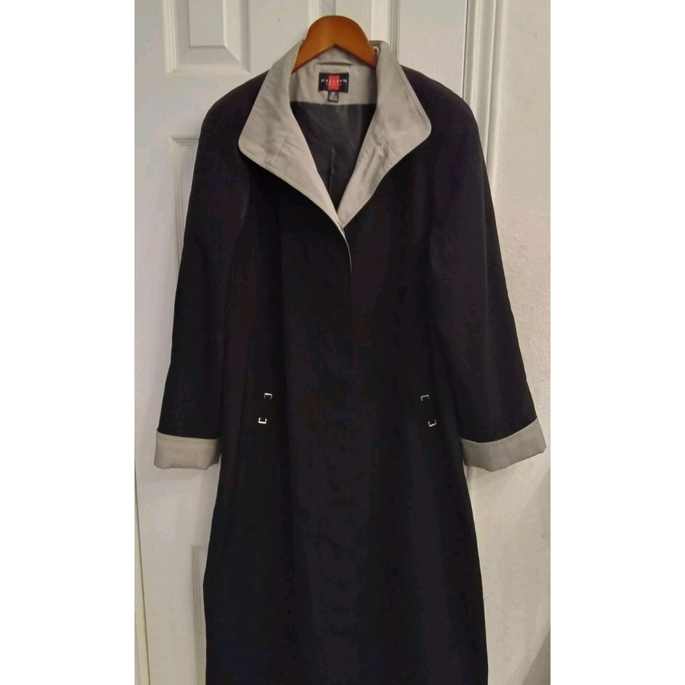 Gallery Petite Womens Long Trench Coat Black Tan Contrast Collar‎ Size 8P